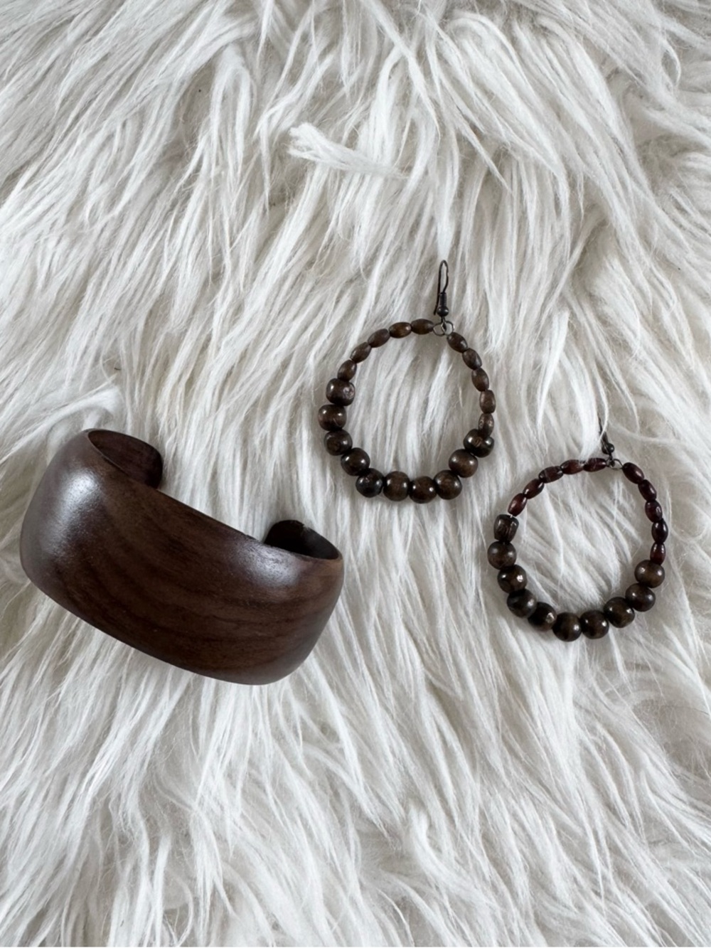 Wood bangle and wood beaded hoop earrings set